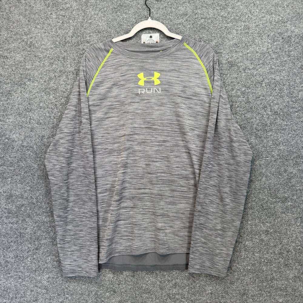 Under Armour Shirt Mens XL Gray Neon HeatGear Long Sleeve Fitted Running Gym